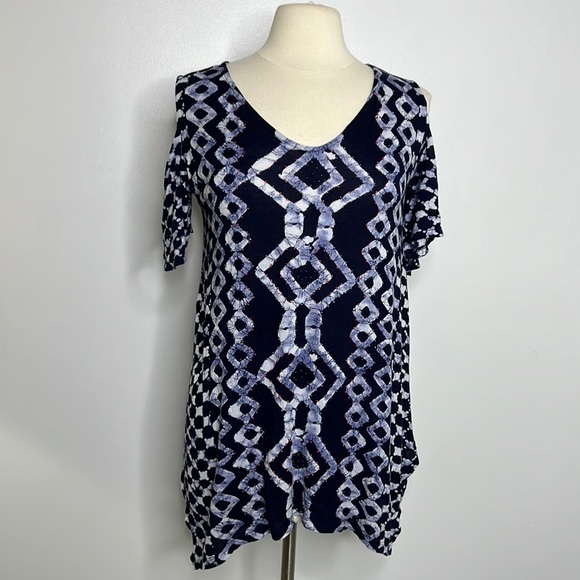 Soft Surroundings blue printed beaded cold shoulder top, size small - Picture 2 of 9